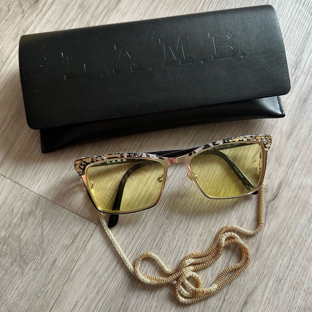 L.A.M.B. Leopard Print Frame Sunglasses with Yellow Lenses and Gold Chain